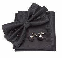 Black Pre-tied Bowtie 3 pc set with Handkerchief and Cufflinks